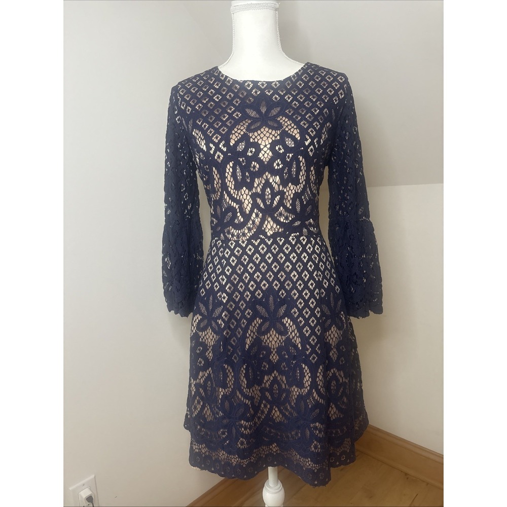 Eliza J Navy Blue Lace Bell Sleeve Fit & Flare Dress Womens Size 12